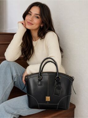 Black Leather Dome Satchel - Women's Handbag